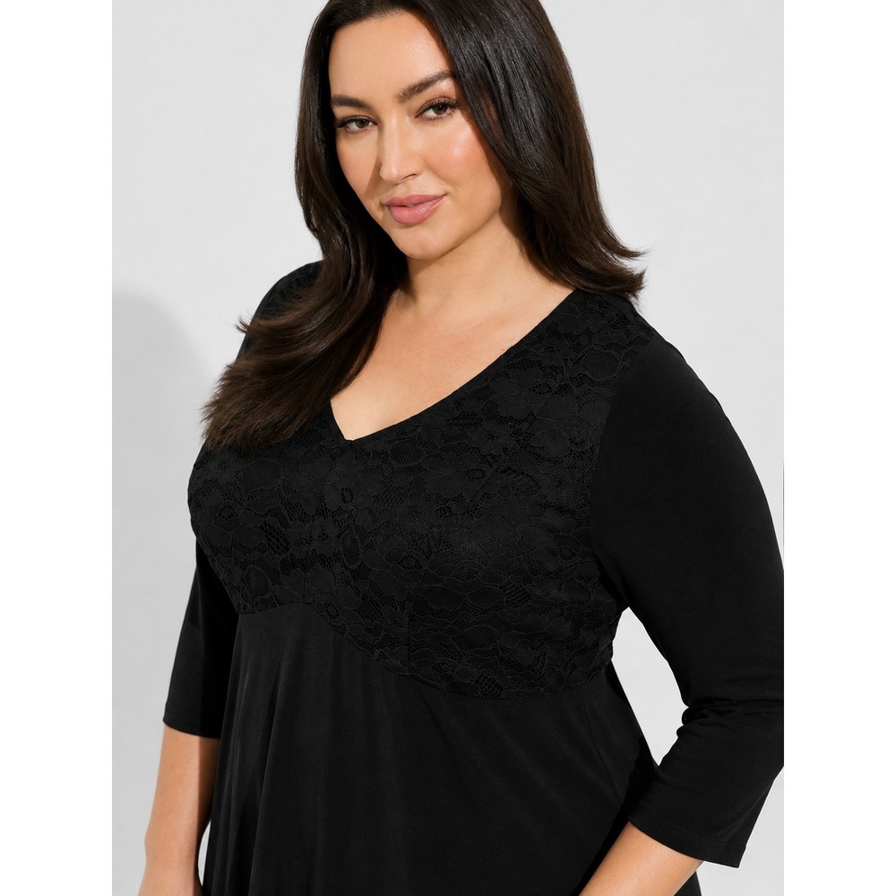 Torrid Studio Knit Black Lace V-Neck Babydoll Top Plus 2 2X 18/20 3/4 Sleeve
